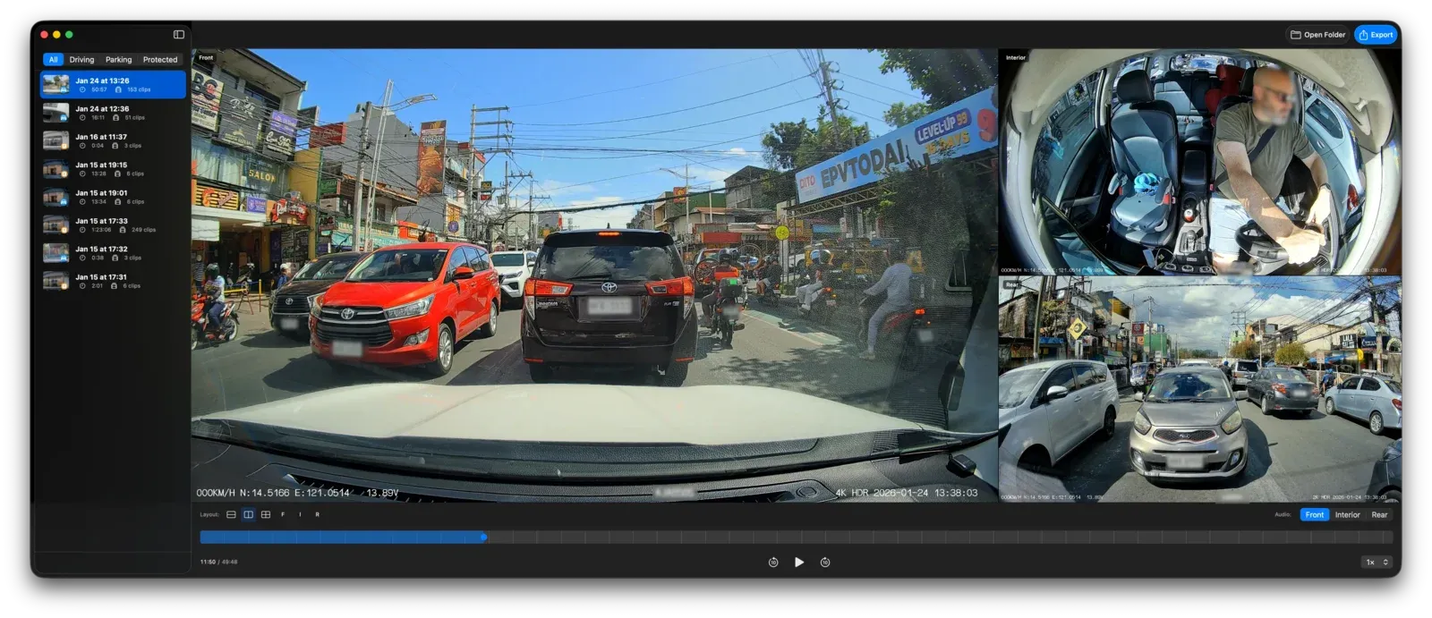 Dashcam Export reviewing a drive across three synchronized camera angles with a scrubbing timeline